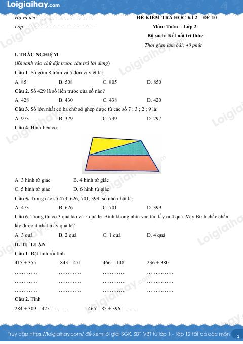 Đề kiểm tra học kì 2 Toán 2 Kết nối tri thức - Đề số 10